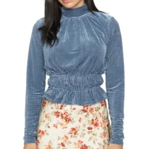 Lost + Wander High-Neck Velvet Top Dusty Blue - Size Large